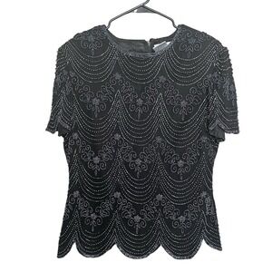 Papell Boutique Evening Beaded Top SZ L Blk/Grey VTG Wedding Party Holiday Glam